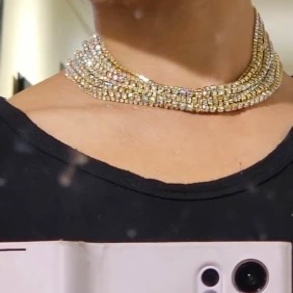 New Multi Layered Shiny Iridescent Rhinestone Chain Choker Statement Necklace - Picture 10 of 12